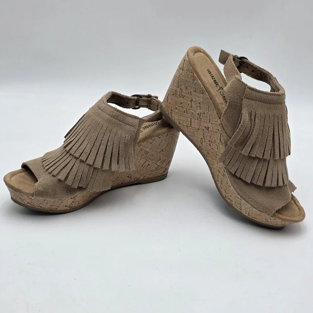 Minnetonka Ashley Fringe Espadrille Wedge Sandals US Size 6 M Taupe Brown Boho